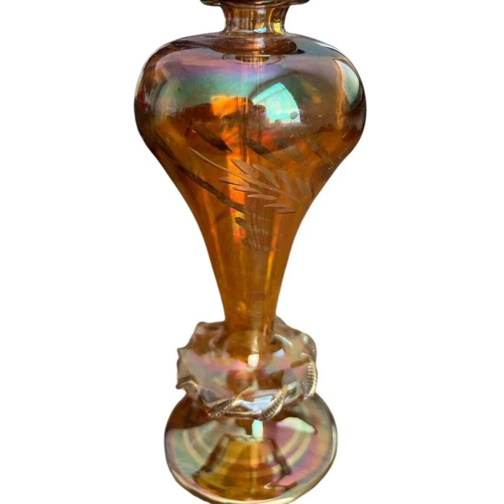Amber Iridescent Perfume Bottle Gold Tone Trim Etched Flowers Delicate Dauber - Picture 5 of 6